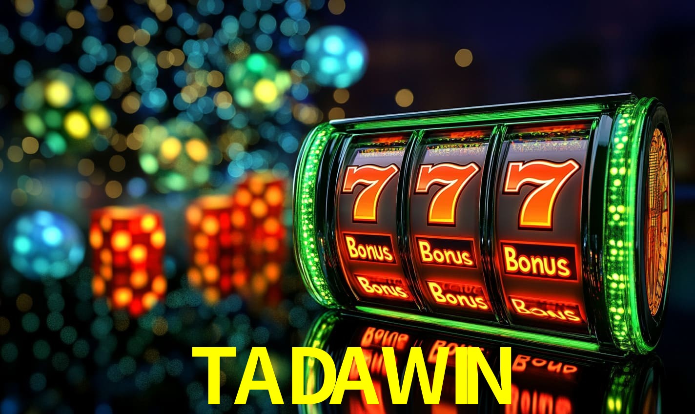 Escena dinámica inspirada en casino con iluminación TADAWIN, cartas, fichas e íconos de juegos digitales en un espacio moderno de juegos.